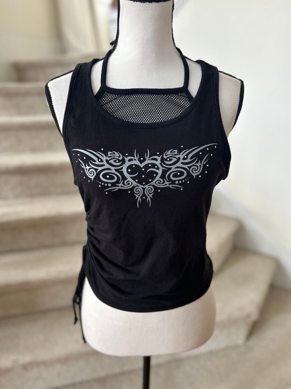 Hot Topic Black Ruched Mesh Halter Rhinestone Heart Moto Graphic Tank Top